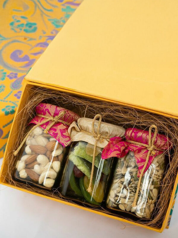 Premium Dry Fruit Gift Box + Gourmet Chocolates , 3 Glass jars